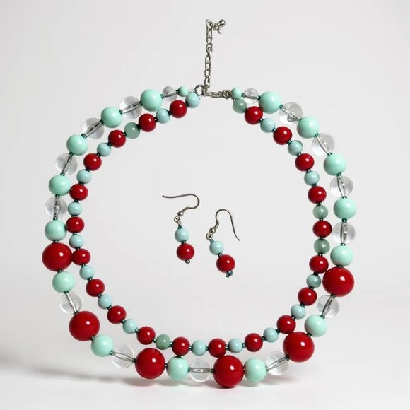 Two Layers Teal, Red And Clear Lucite Bead Necklace Earring set - Picture 1 of 1